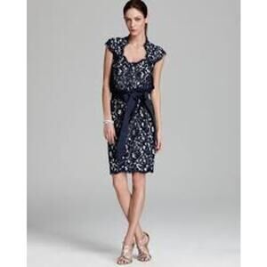 Tadashi Shoji Lace Cocktail Dress Navy Cap Sleeve Tie Waist Event Women 2